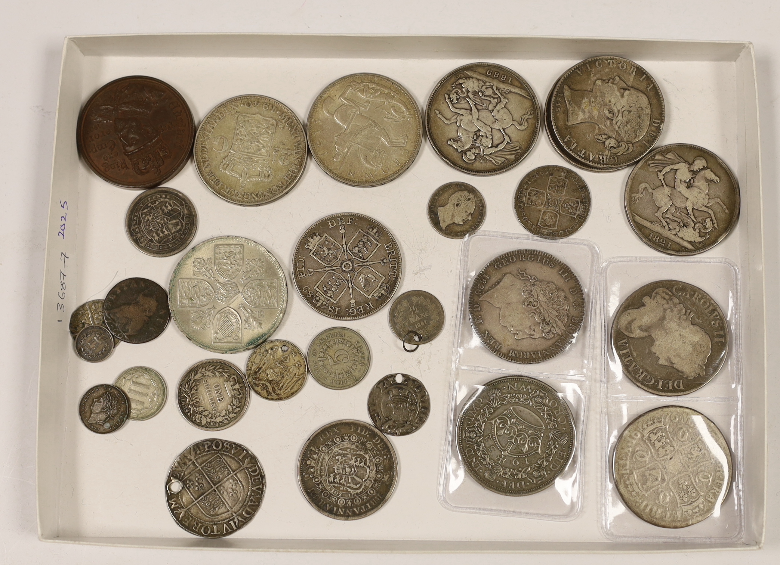 British silver coins, Charles II to George V, including two Charles II crowns 1673 and 1676, a George III crown 1820 VF or better, George V crown 1932, VF, four various crowns, 1821, 1845, 1895 and 1889, a double florin
